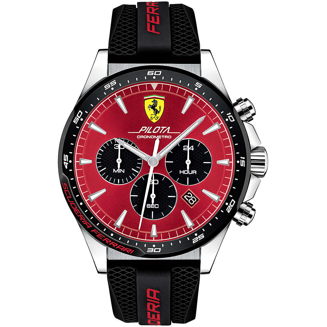 Orologio Uomo Ferrari Collezione Pilota Cronografo 48mm Quadrante Rosso Cinturino In Pelle